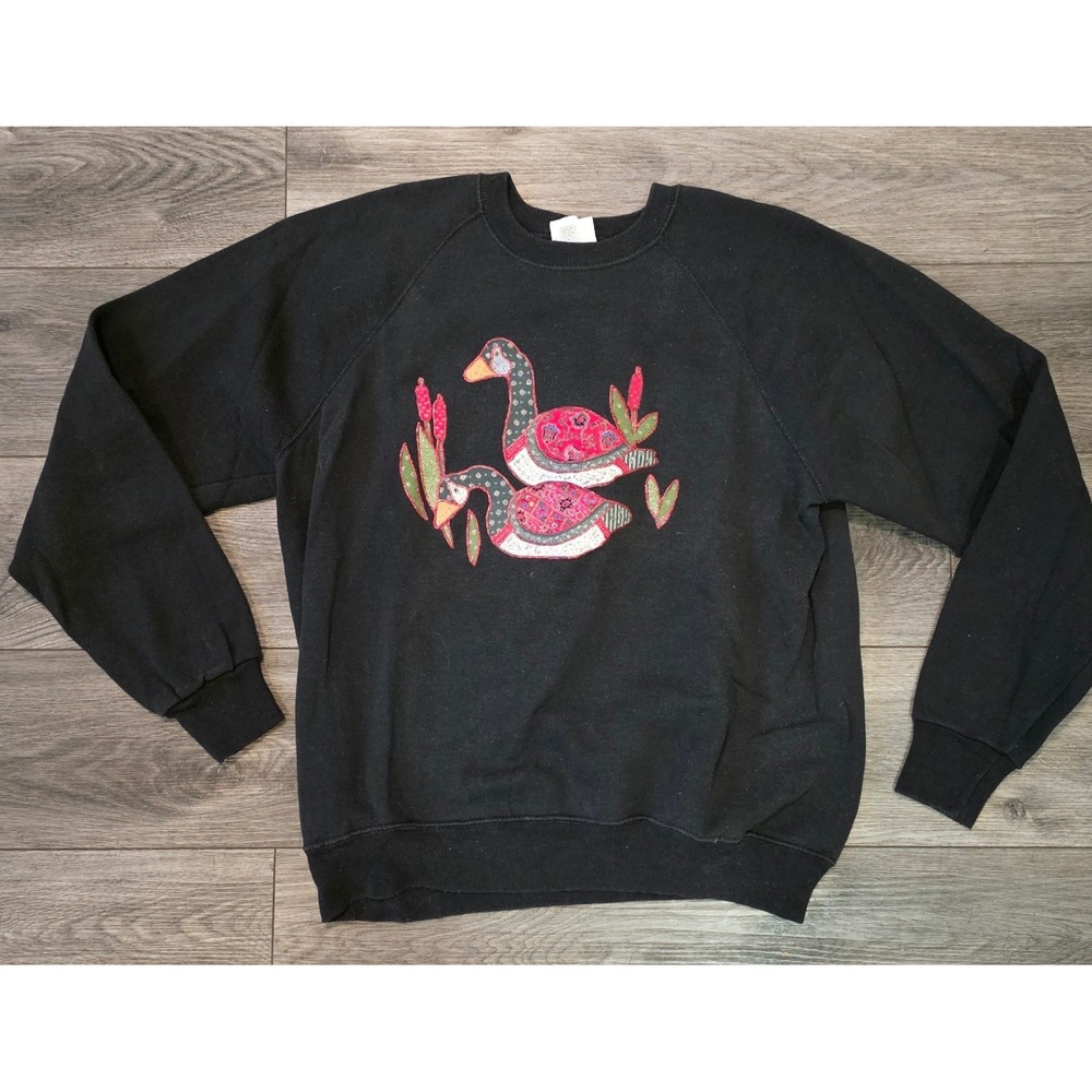 Lee Women XL Sweatshirt Black Vintage Geese Graphic Applique Sturdy Sweats USA
